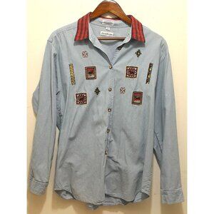 Vtg Womens Embroidered Flannel Cottagecore Grandma Outdoor Size 12 Denim Shirt